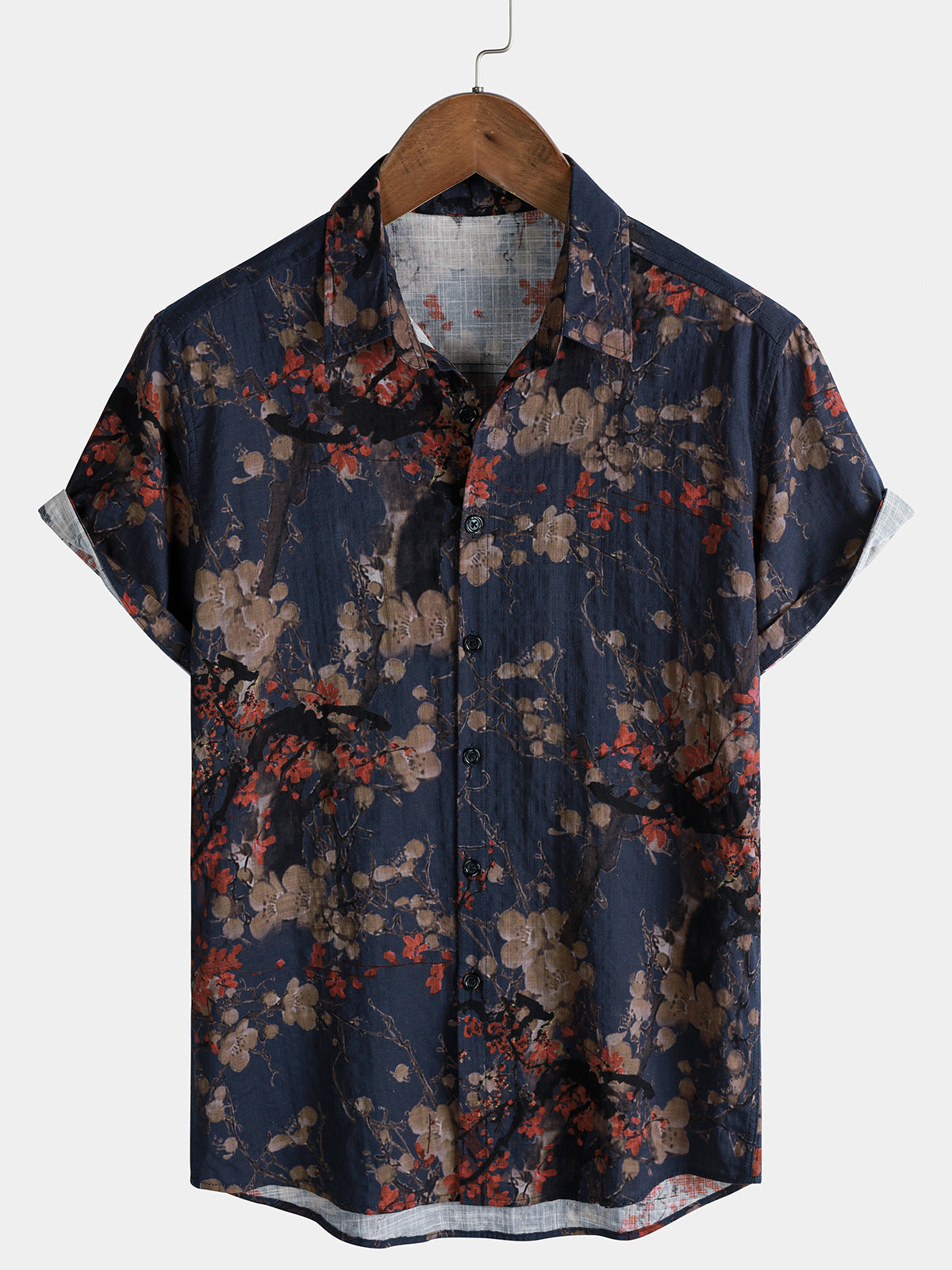 Men’s Navy Blue Artistic Floral Print Casual Short Sleeve Shirt