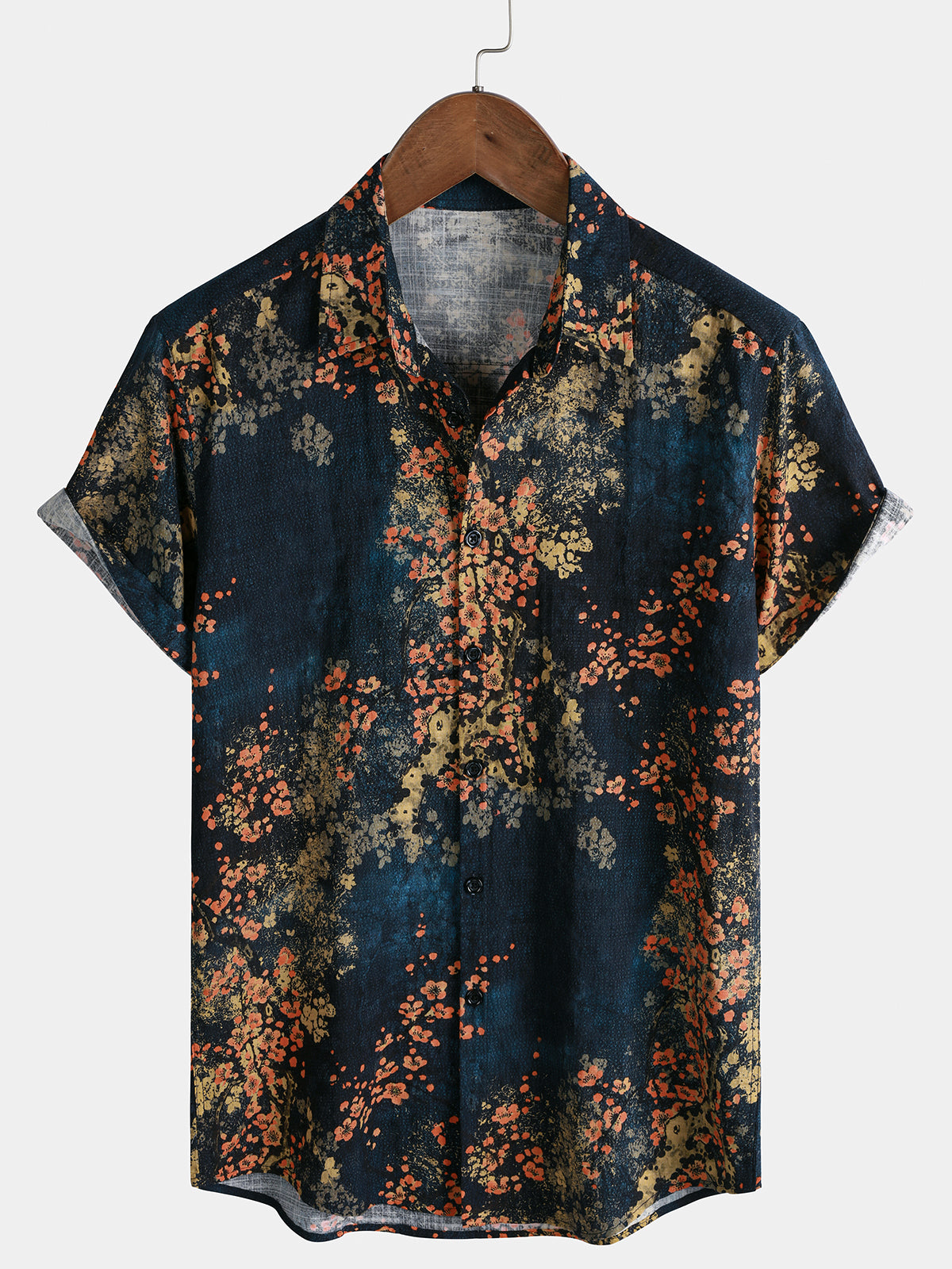 Men’s Navy Blue Abstract Floral Print Casual Short Sleeve Shirt