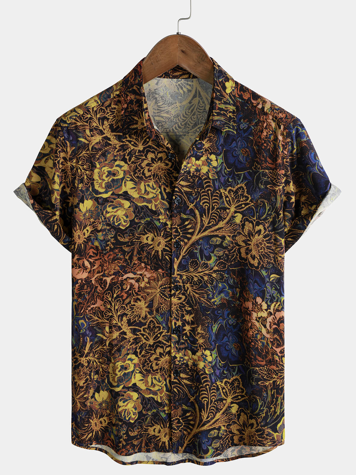 Men's Yellow Retro Floral 100% Rayon Short Sleeve Resort Shirt