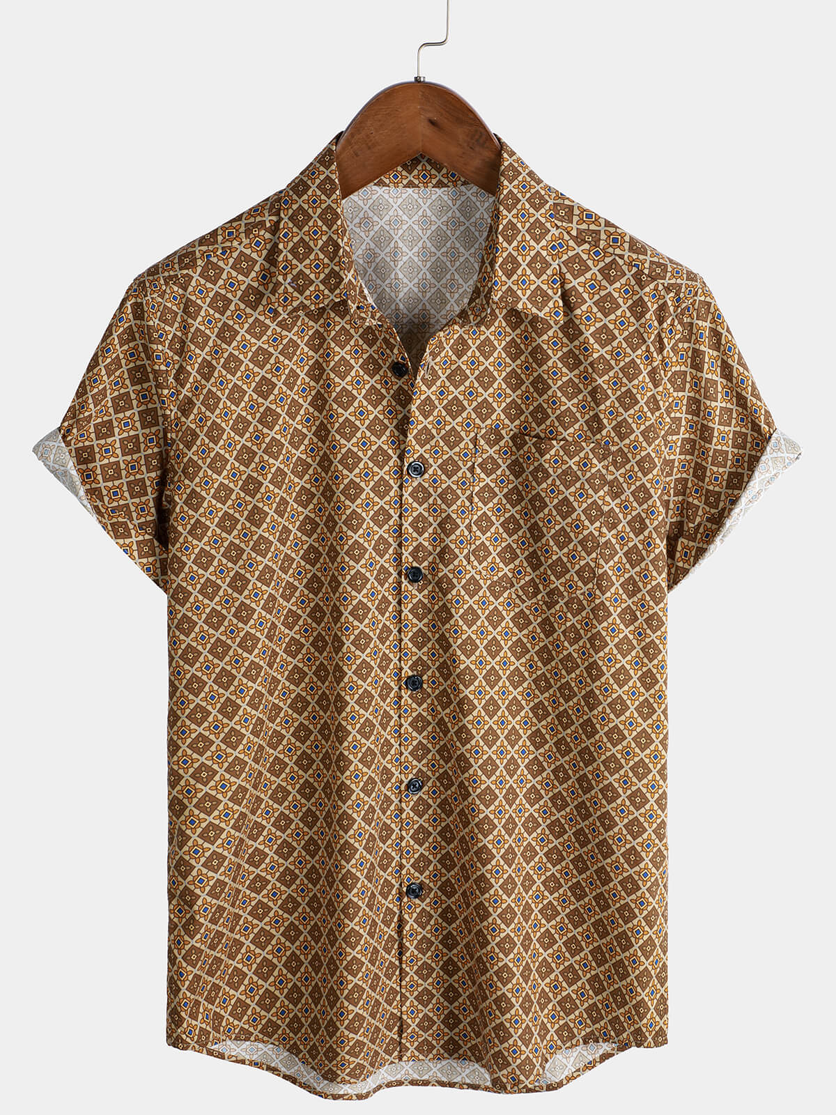 Men's Retro Geometric Print Cotton Short Sleeve Shirt