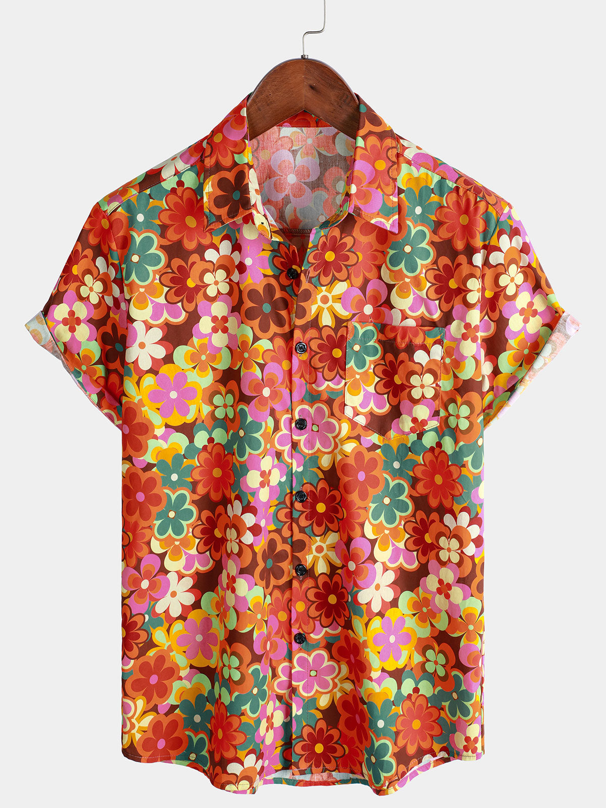 Men's 70s Floral Print Breathable Cotton Pocket Short Sleeve Shirt