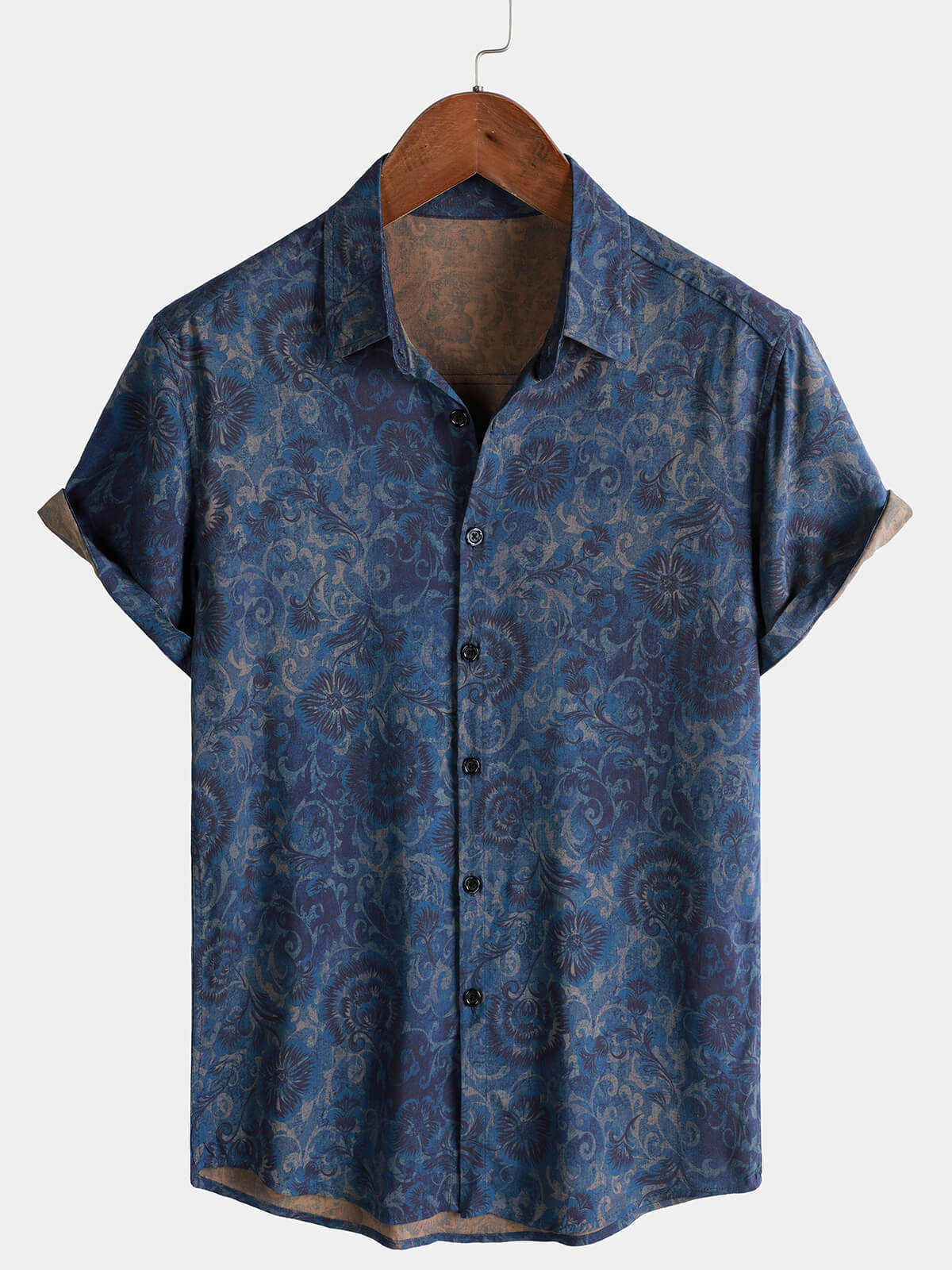 Men's Navy Blue Vintage Floral Casual Short Sleeve Shirt