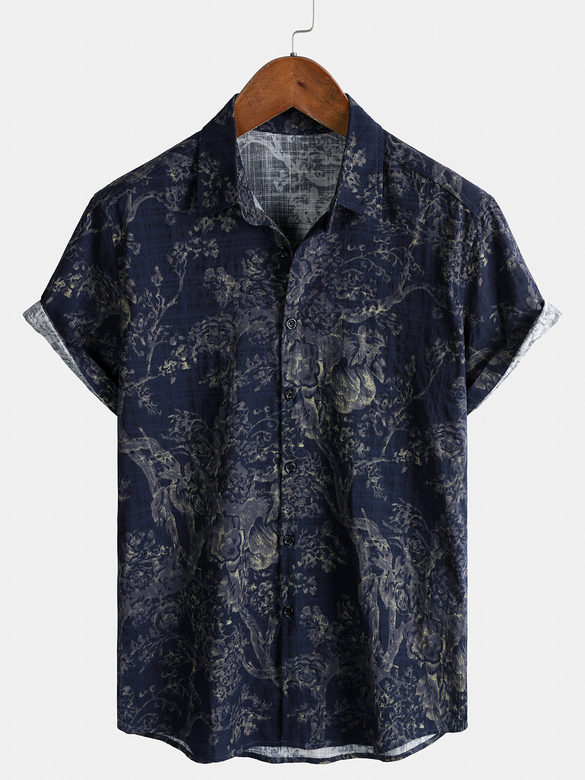 Men's Navy Blue Vintage Botanical Casual Short Sleeve Shirt