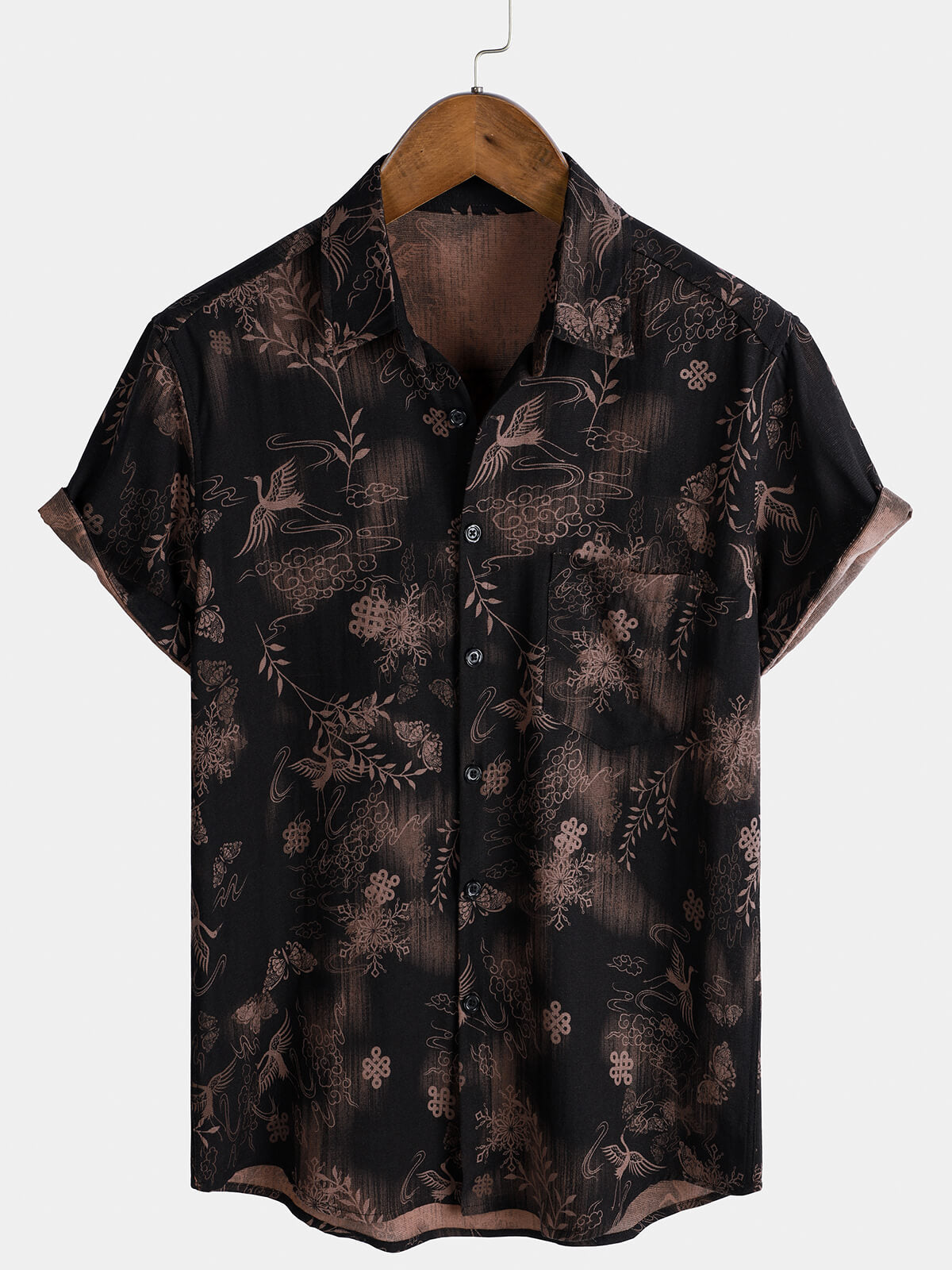 Men's Retro Print Pocket Short Sleeve Button Up Shirt