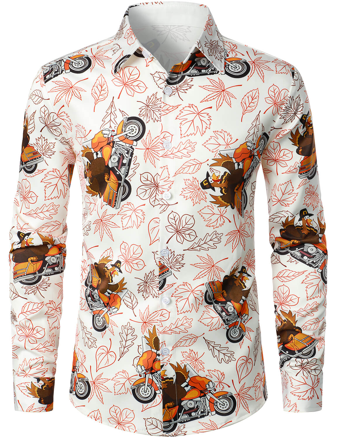 Men's Thanksgiving Funny Turkey Riding Motorcycle Hilarious Holiday Button Up Cute Long Sleeve Shirt