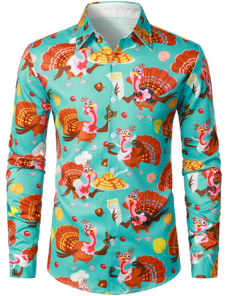 Men's Cute Turkey Harvest Print Thanksgiving Funny Holiday Button Up Blue Long Sleeve Shirt