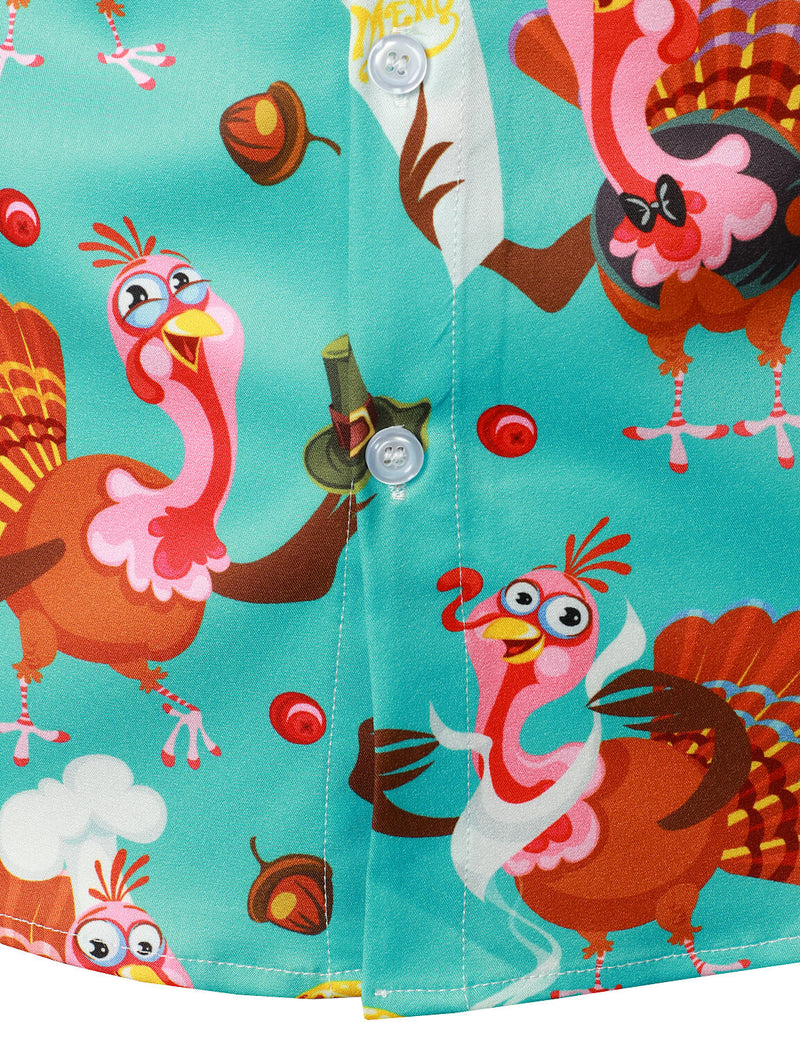 Men's Cute Turkey Harvest Print Thanksgiving Funny Holiday Button Up Blue Long Sleeve Shirt