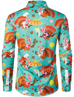 Men's Cute Turkey Harvest Print Thanksgiving Funny Holiday Button Up Blue Long Sleeve Shirt