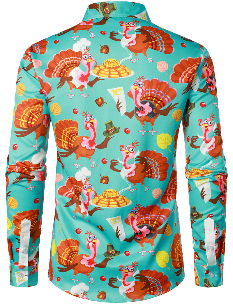 Men's Cute Turkey Harvest Print Thanksgiving Funny Holiday Button Up Blue Long Sleeve Shirt