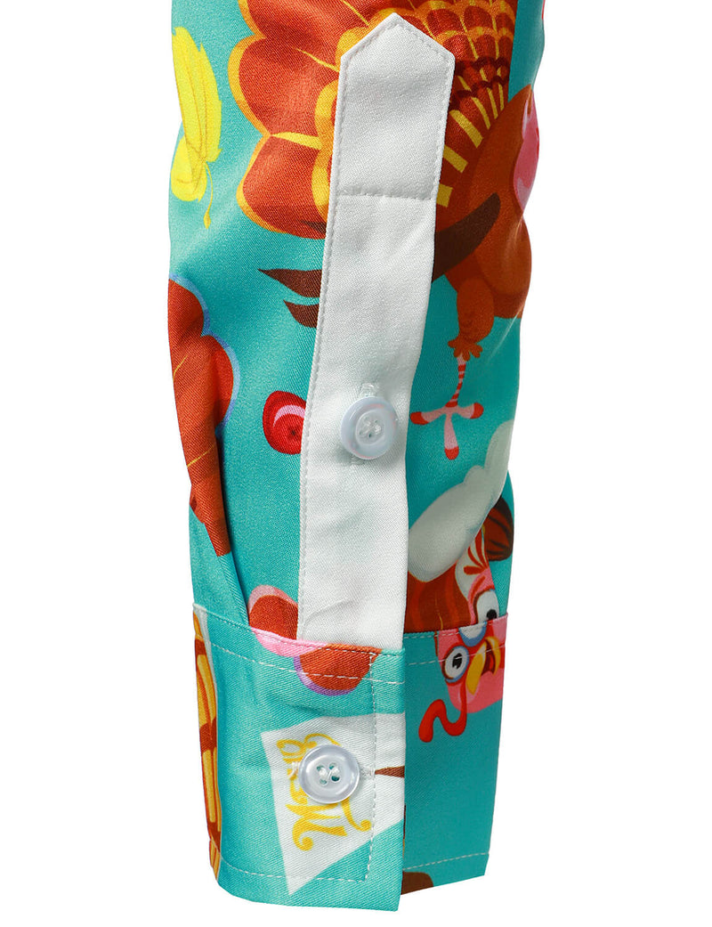 Men's Cute Turkey Harvest Print Thanksgiving Funny Holiday Button Up Blue Long Sleeve Shirt