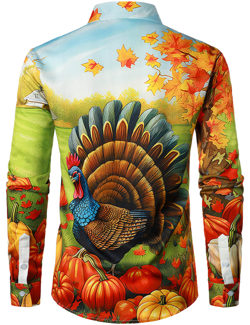 Men's Cute Turkey Thanksgiving Fall Festival Gift Pumpkin Holiday Button Ugly Long Sleeve Shirt