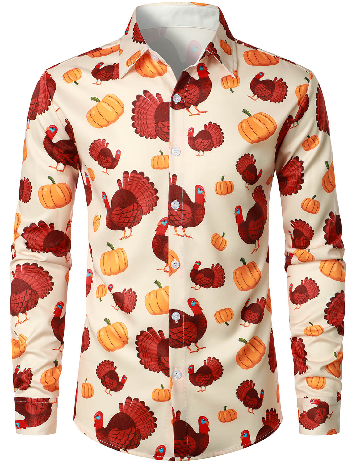 Men's Thanksgiving Holiday Funny Turkey Pumpkin Button Long Sleeve Shirt