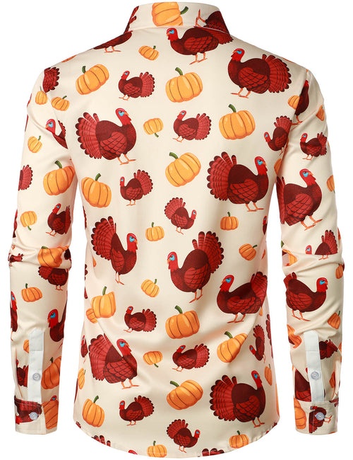 Men's Thanksgiving Holiday Funny Turkey Pumpkin Button Long Sleeve Shirt