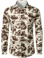 Men's Thanksgiving Fall Festival Gift Funny Turkey Pumpkin Holiday Button Long Sleeve Shirt