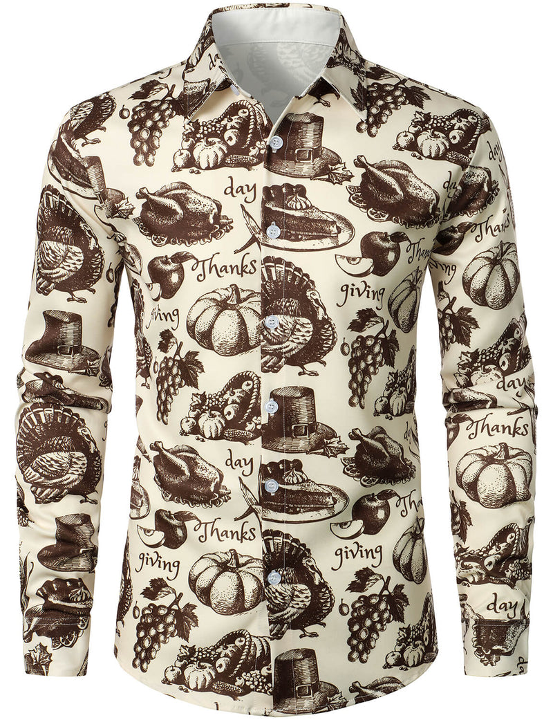 Men's Thanksgiving Fall Festival Gift Funny Turkey Pumpkin Holiday Button Long Sleeve Shirt