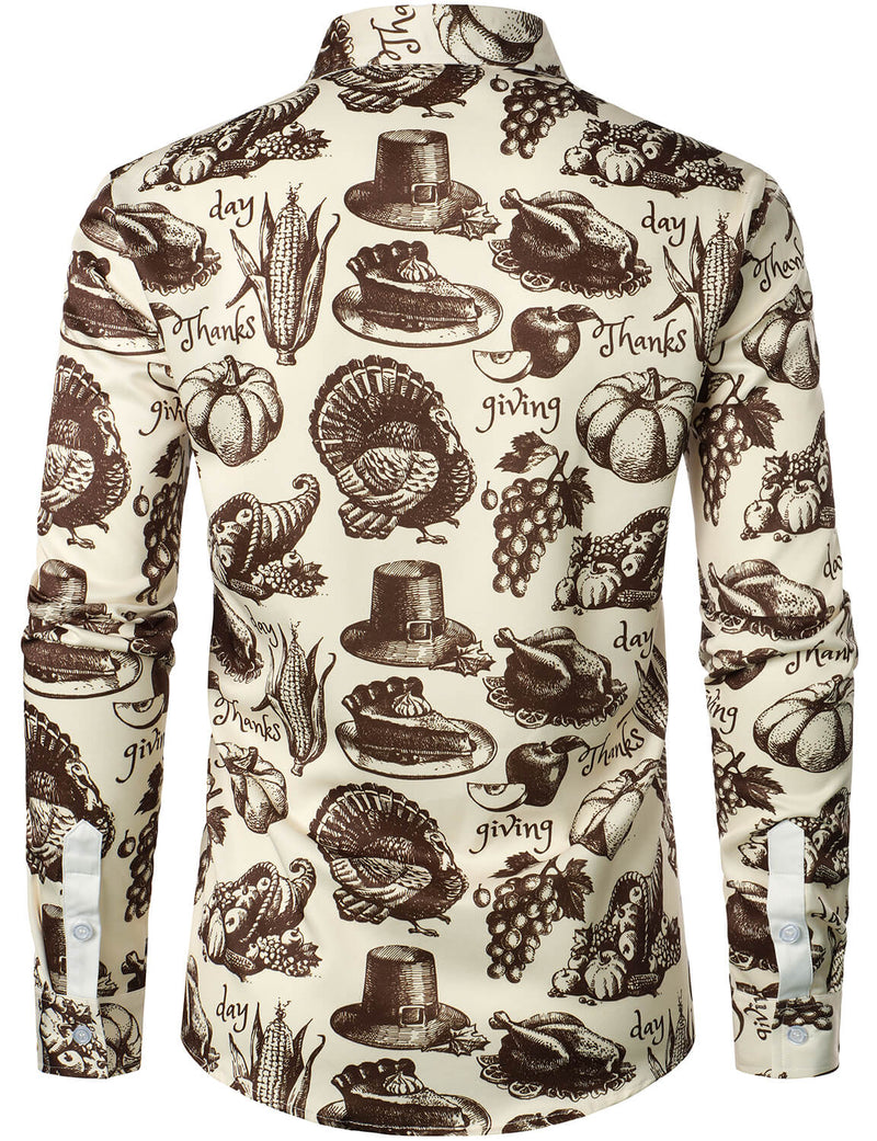 Men's Thanksgiving Fall Festival Gift Funny Turkey Pumpkin Holiday Button Long Sleeve Shirt