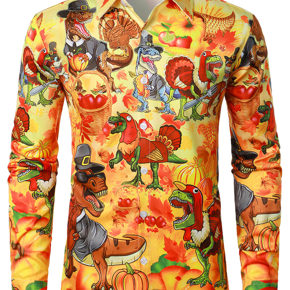 Men's Thanksgiving Holiday Hilarious Dinosaur Funny Turkey Day Button Ugly Long Sleeve Shirt