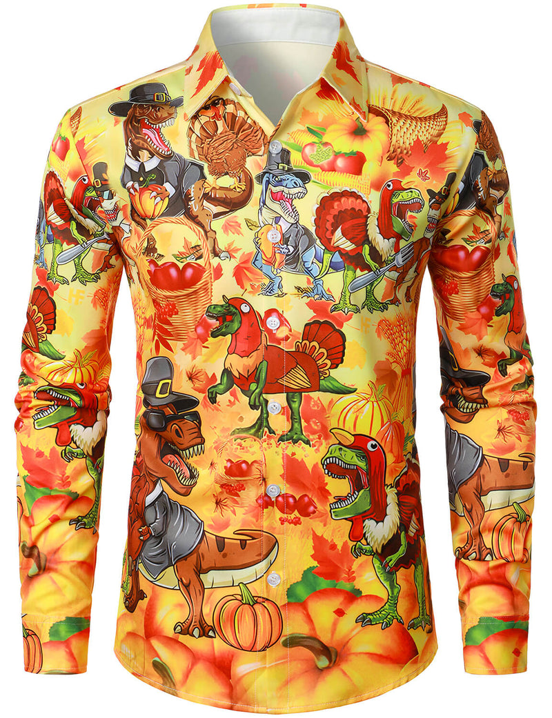 Men's Thanksgiving Holiday Hilarious Dinosaur Funny Turkey Day Button Ugly Long Sleeve Shirt