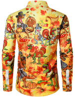Men's Thanksgiving Holiday Hilarious Dinosaur Funny Turkey Day Button Ugly Long Sleeve Shirt