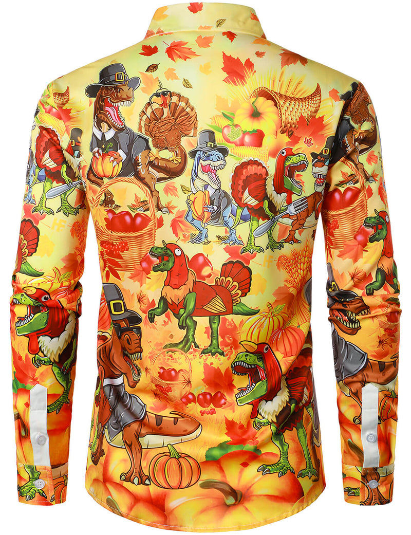 Men's Thanksgiving Holiday Hilarious Dinosaur Funny Turkey Day Button Ugly Long Sleeve Shirt