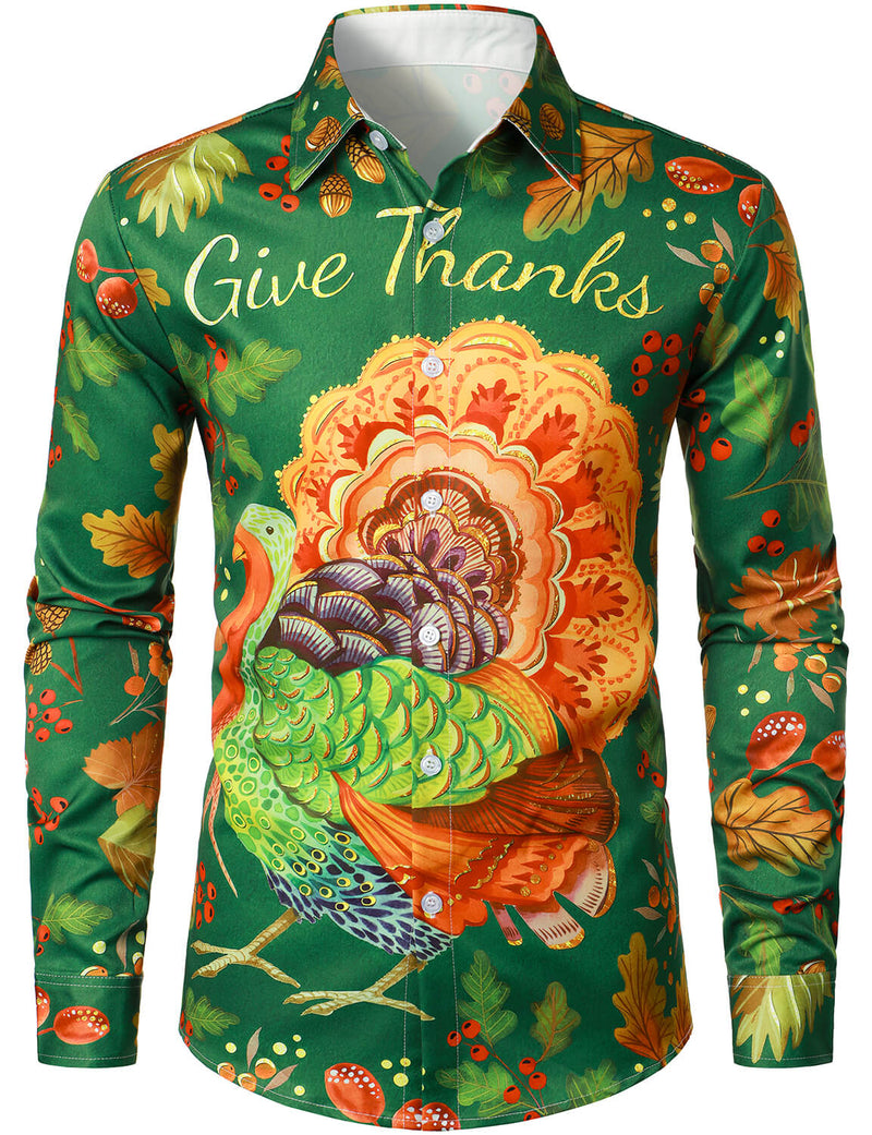 Men's Thanksgiving Festival Turkey Holiday Gift Button Green Long Sleeve Shirt