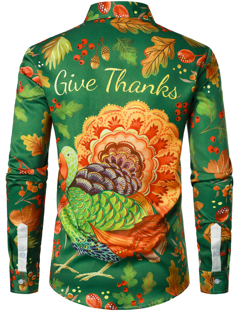 Men's Thanksgiving Festival Turkey Holiday Gift Button Green Long Sleeve Shirt