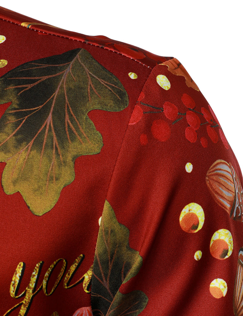 Men's Thanksgiving Festival Turkey Gift Button Burgundy Long Sleeve Shirt