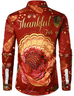Men's Thanksgiving Festival Turkey Gift Button Burgundy Long Sleeve Shirt
