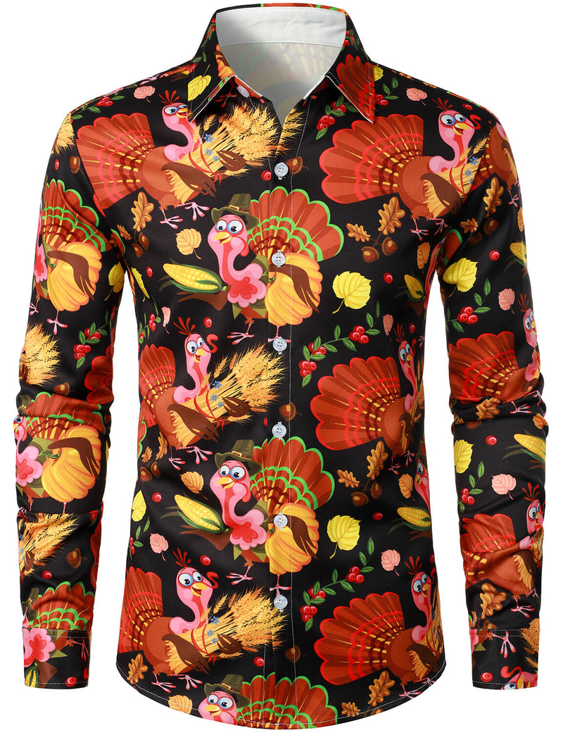 Men's Turkey Harvest Print Thanksgiving Funny Holiday Button Up Long Sleeve Shirt