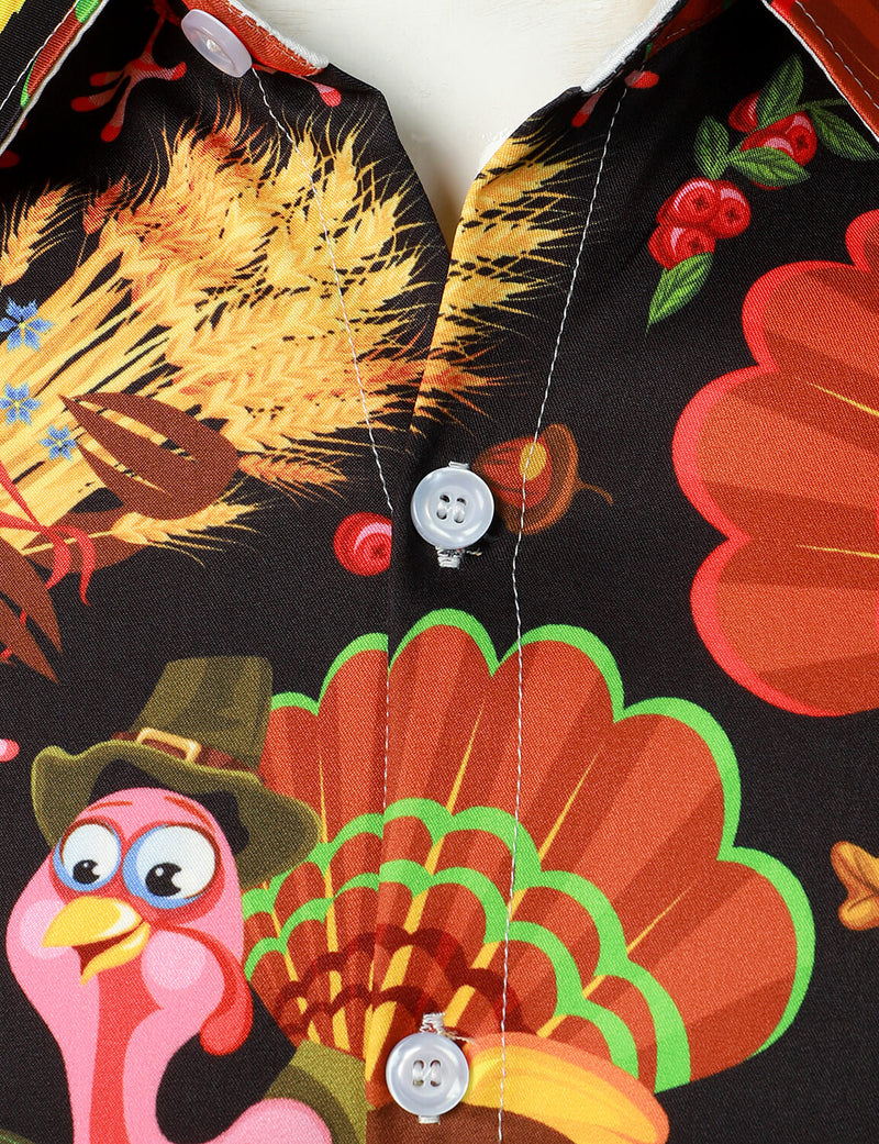 Men's Turkey Harvest Print Thanksgiving Funny Holiday Button Up Long Sleeve Shirt