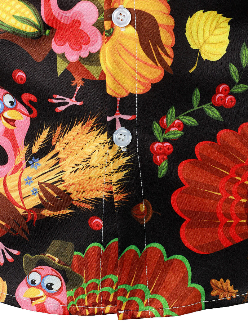 Men's Turkey Harvest Print Thanksgiving Funny Holiday Button Up Long Sleeve Shirt