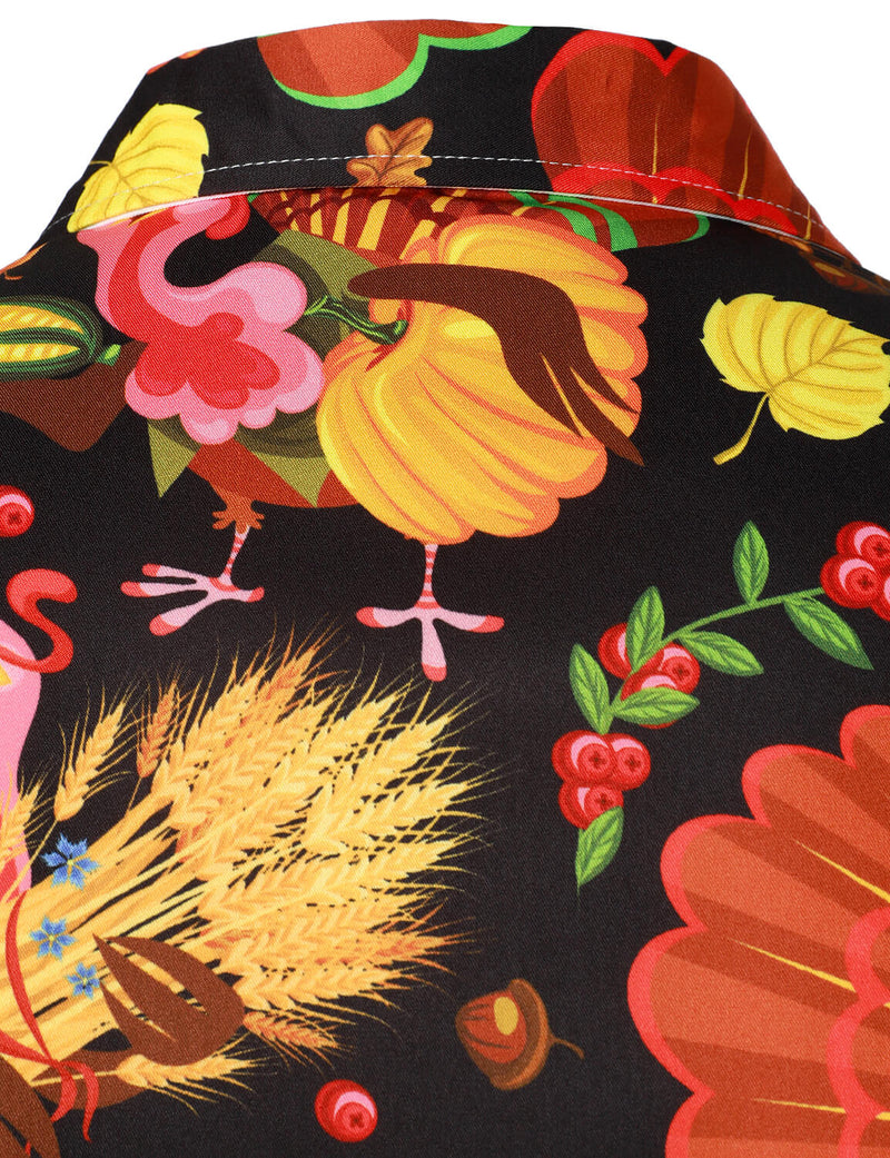 Men's Turkey Harvest Print Thanksgiving Funny Holiday Button Up Long Sleeve Shirt