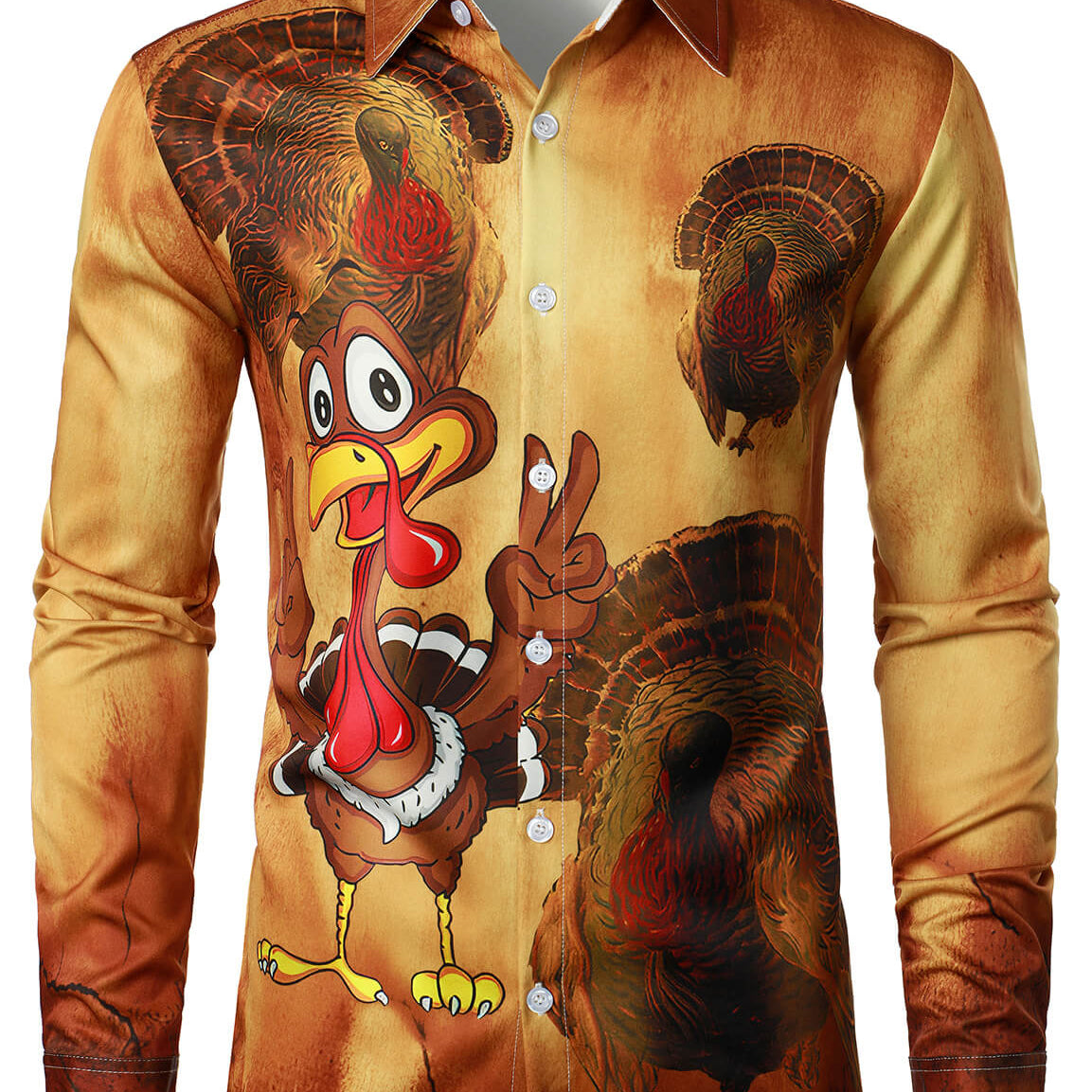 Men's Thanksgiving Funny Turkey Cartoons Print Button Cute Animal Long Sleeve Shirt