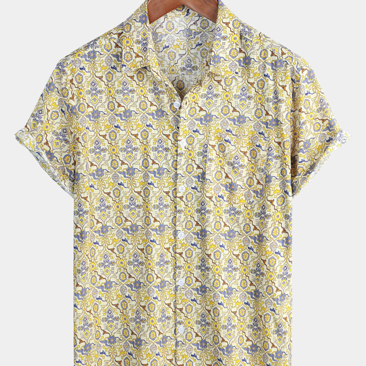 Men's Vintage Floral Short Sleeve Beach Cotton Button Up Shirt