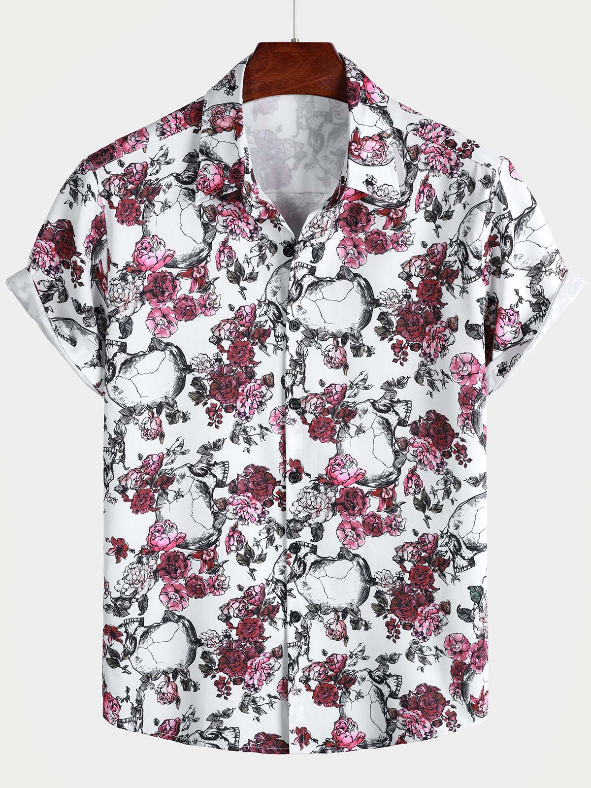 Men's Pink Flower Skull Graphic Button Up Short Sleeve Punk Rock Art Shirt