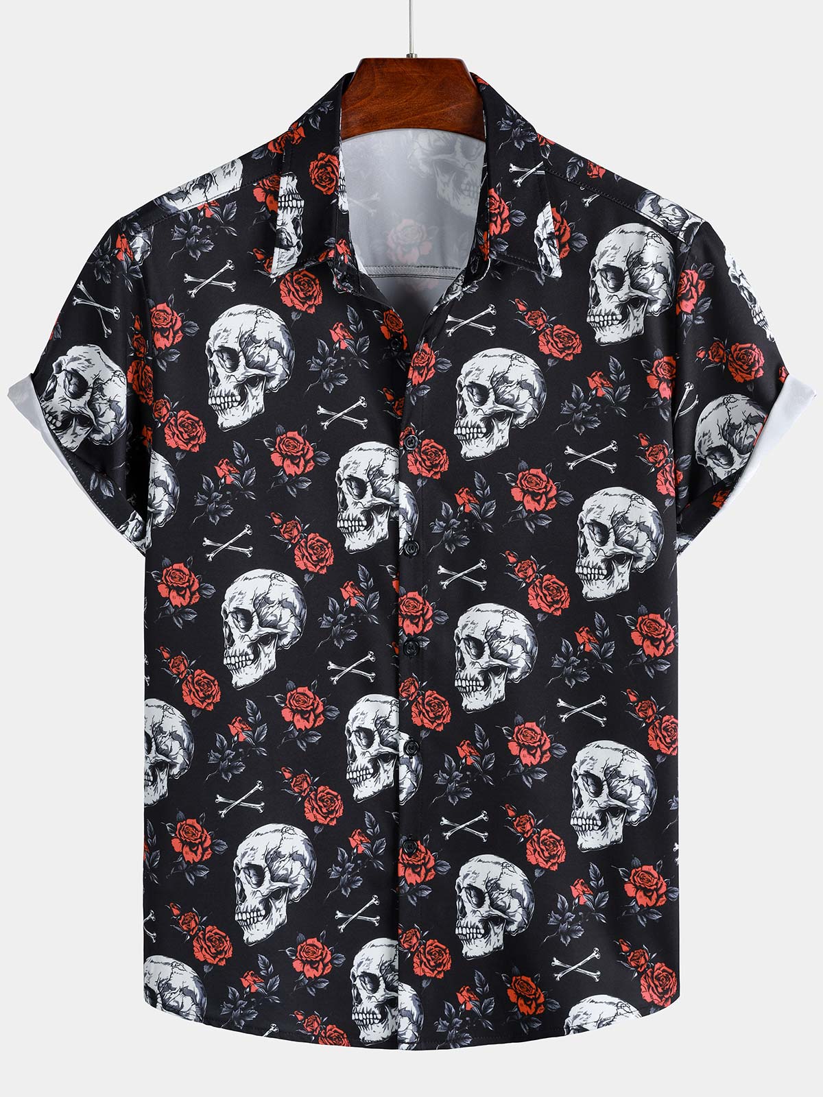 Men's Rose Flower Skull Graphic Button Up Short Sleeve Punk Rock Art Shirt