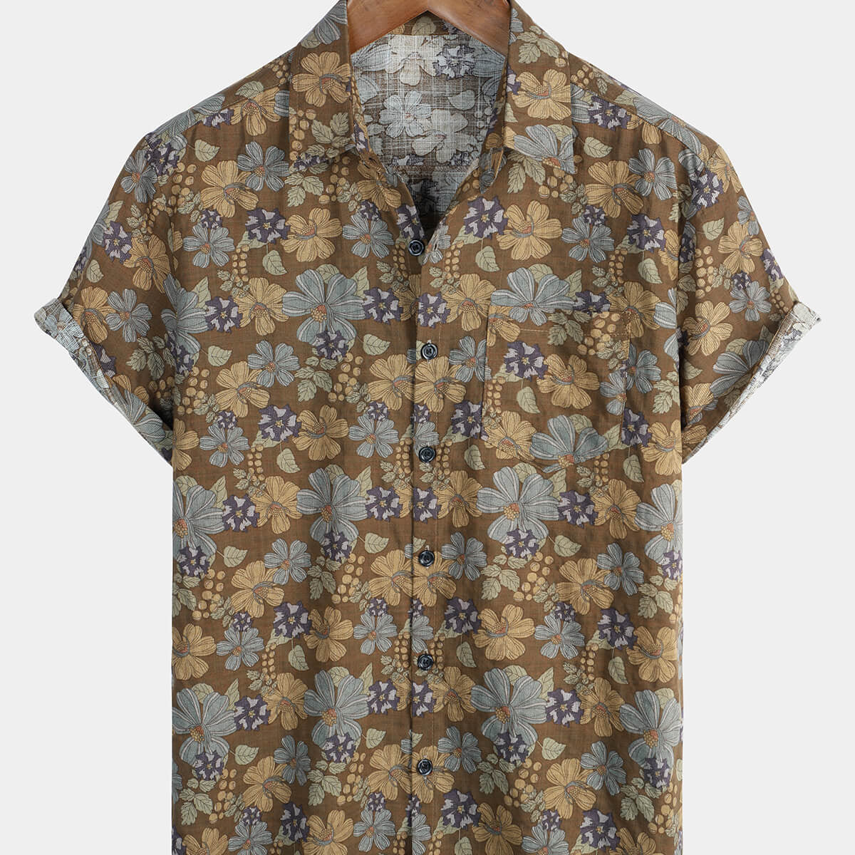 Men's Grey Floral Hawaiian Vintage Beach Button Up Summer Shirt
