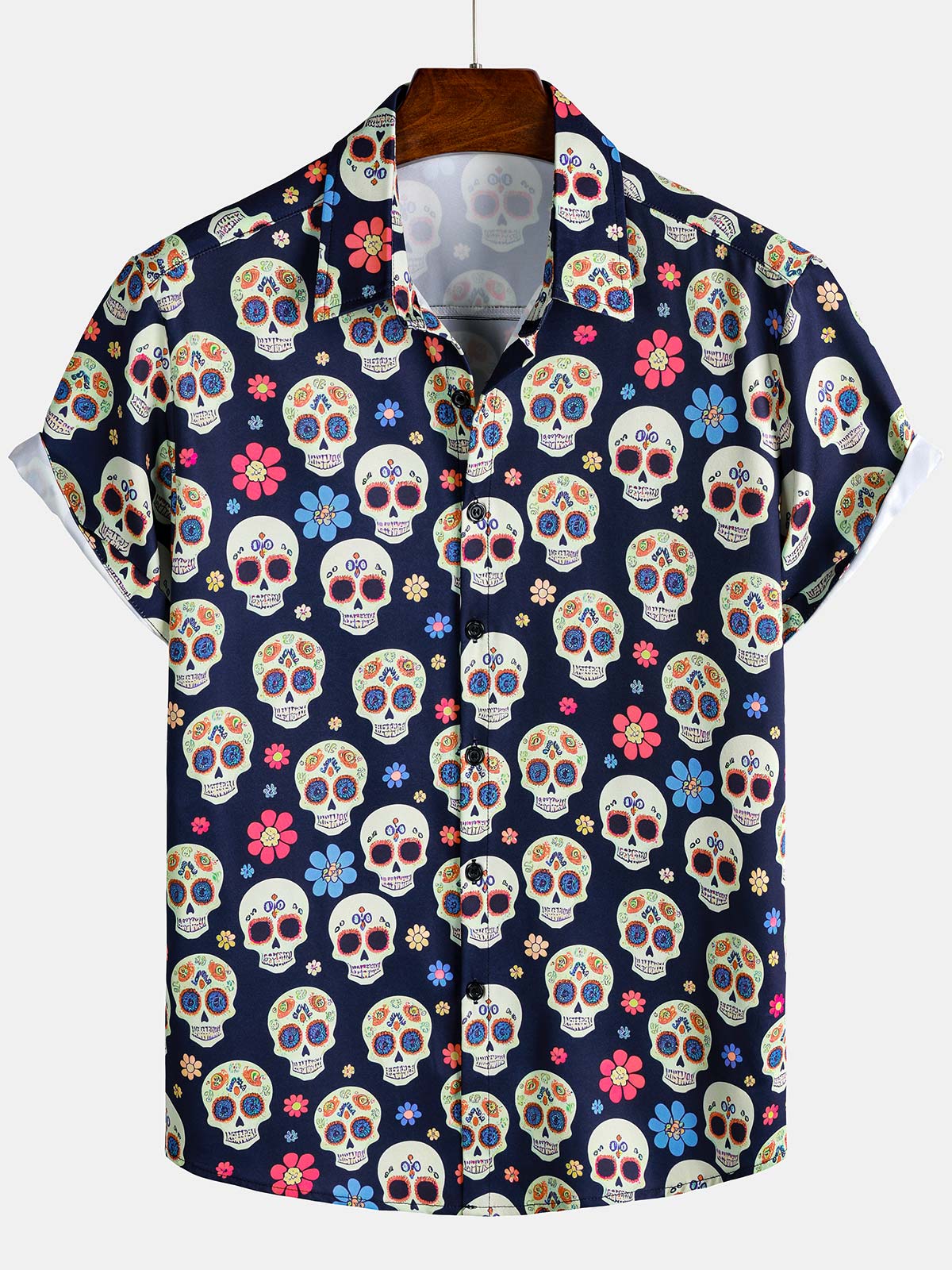Men's Floral Skull Cool Graphic Button Up Short Sleeve Punk Rock Art Shirt