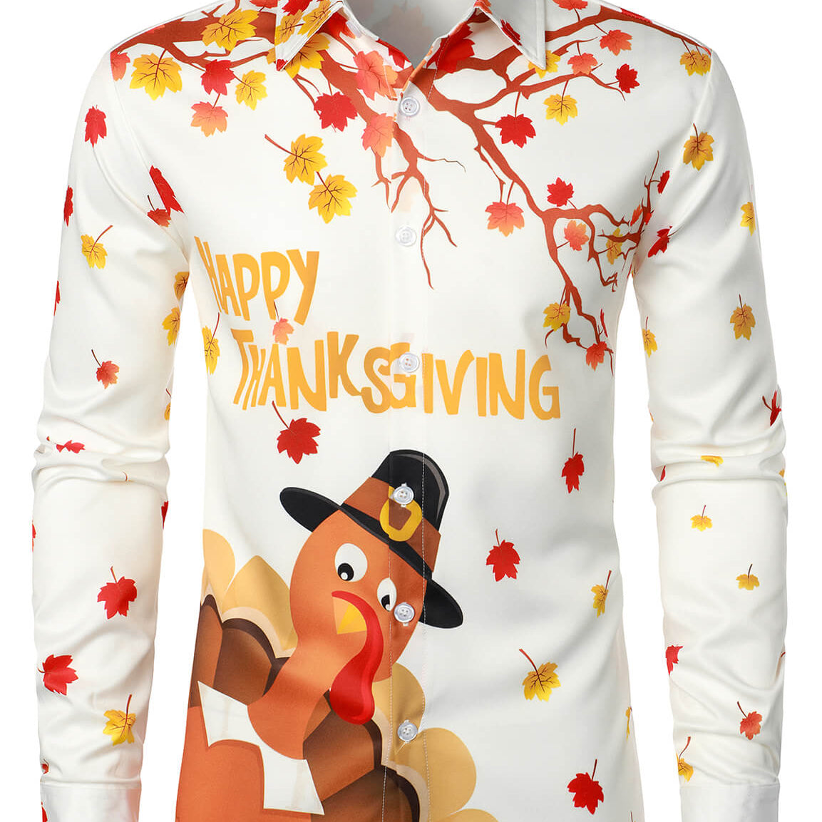 Men's Holiday Happy Thanksgiving Day Cute Cartoon Turkey Day Button Long Sleeve Shirt