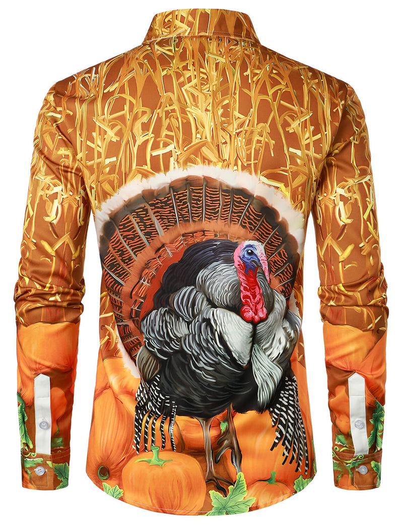 Men's Thanksgiving Pumpkin Turkey Day Button Up Long Sleeve Shirt