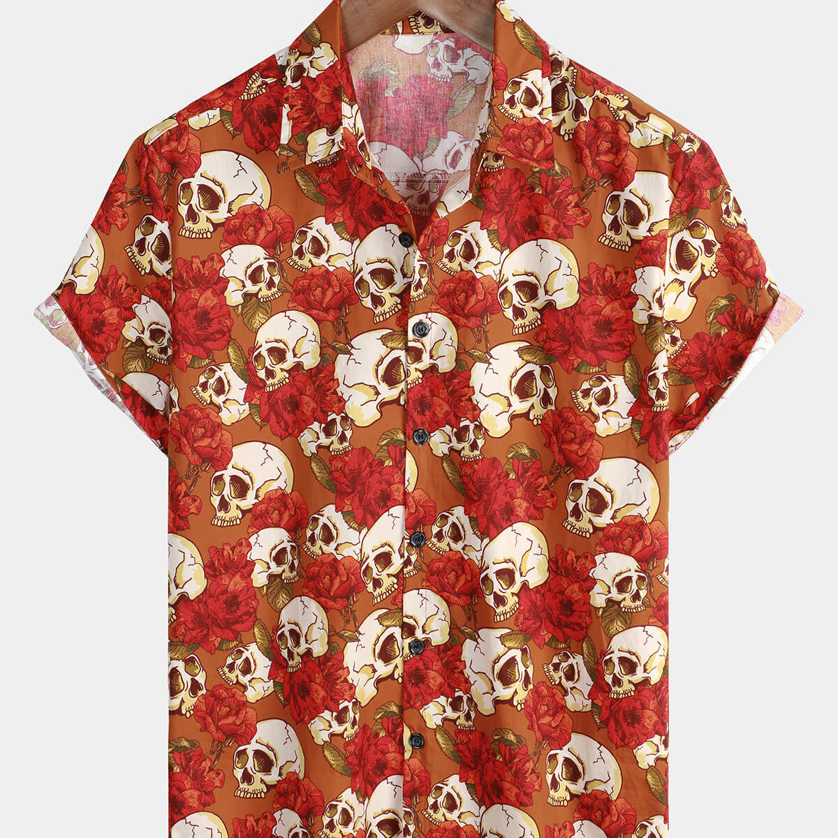 Men's Skull Button Up Red Summer Holiday Short Sleeve Cool Shirt