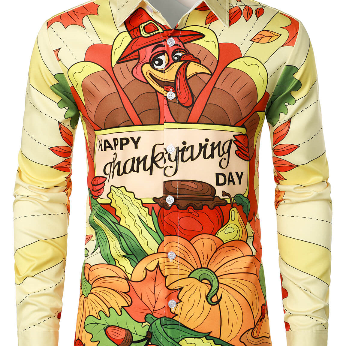 Men's Holiday Happy Thanksgiving Day Party Cute Cartoon Turkey Day Button Long Sleeve Shirt