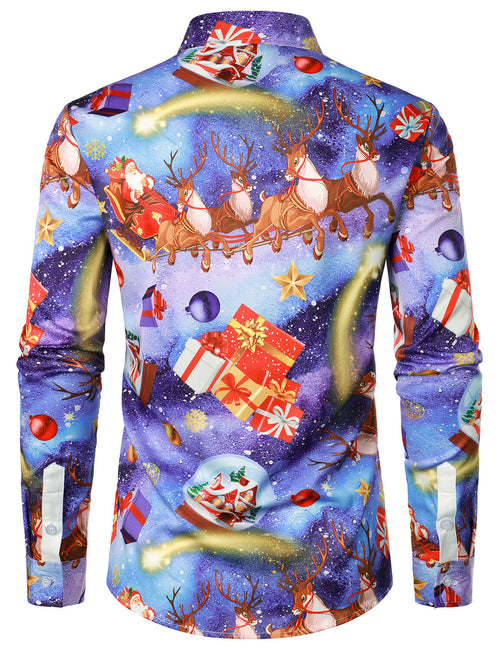Men's Christmas Santa Reindeer Elk Gifts Holiday Party Long Sleeve Button Up Shirt