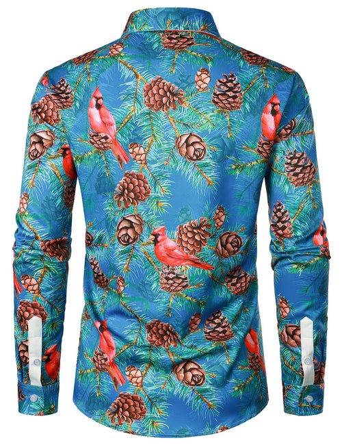 Men's Christmas Cardinals Birds Print Button Up Xmas Day Long Sleeve Dress Shirt