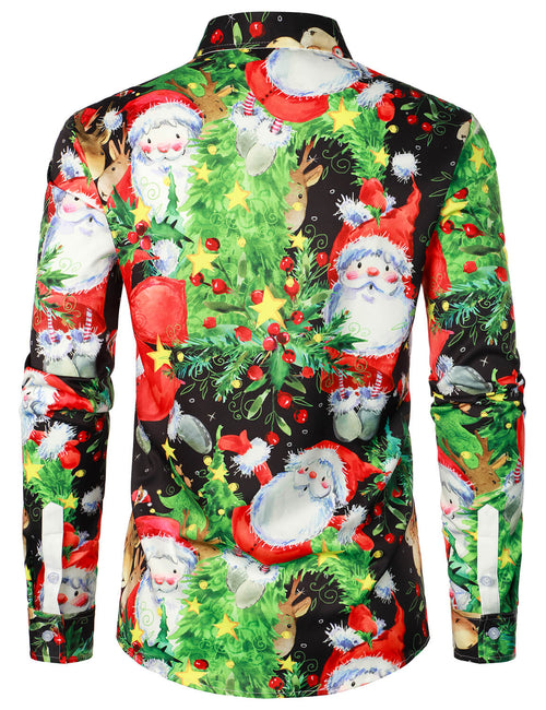 Men's Vintage Santa Reindeer Elk Christmas Tree Holiday Party Long Sleeve Button Up Shirt
