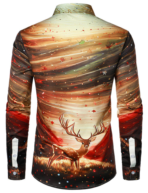 Men's Christmas Reindeer Shiny Print Holiday Button Up Long Sleeve Shirt