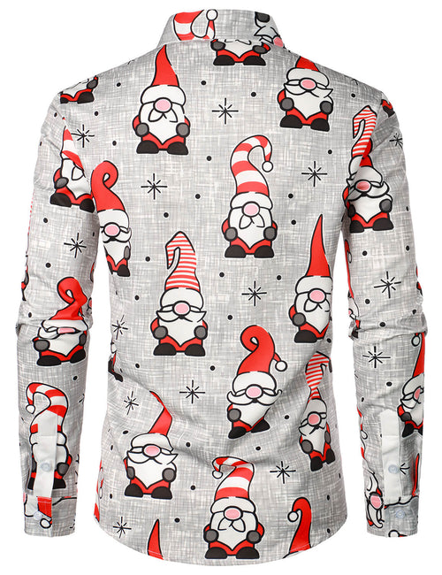 Men's Christmas Holiday Cute Gnome Print Funny Button Up Long Sleeve Shirt