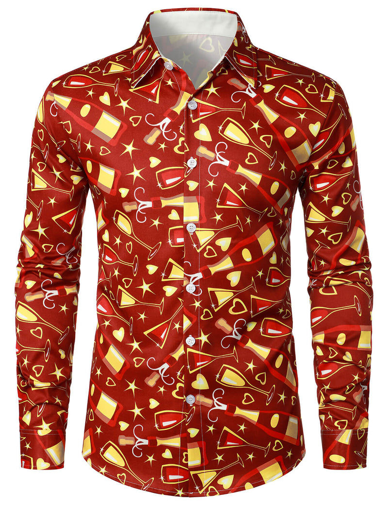 Men's Party Funny Holiday Christmas Champagne Cocktails New Year Eve Red Long Sleeve Shirt