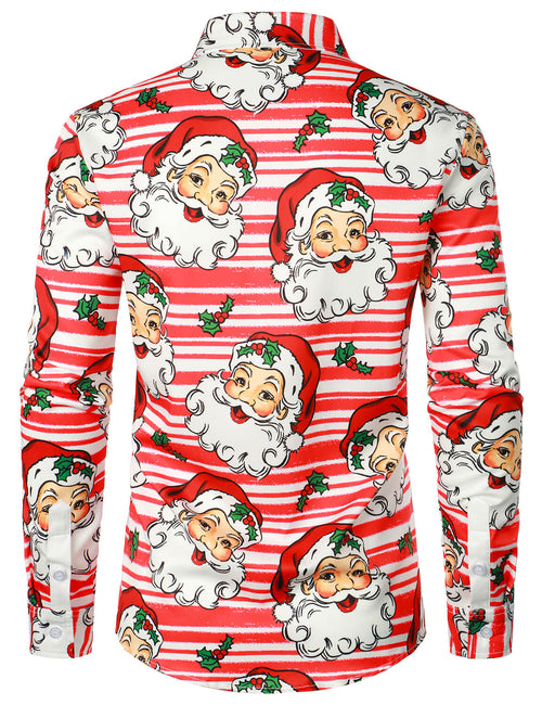 Men's Christmas Santa Claus Holiday Button Up Red Striped Long Sleeve Shirt