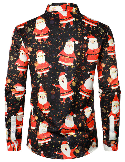 Men's Christmas Cute Santa Print Xmas Holiday Button Up Long Sleeve Shirt